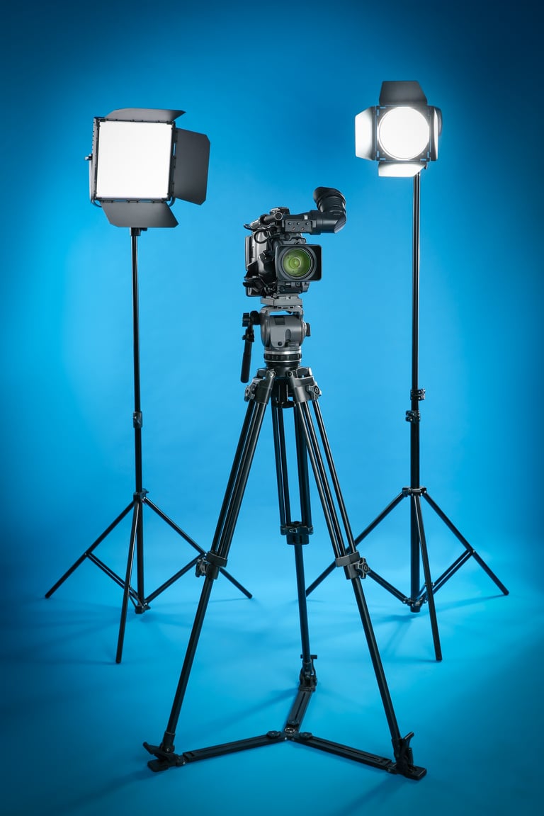 Professional Video Camera and Lighting Equipment on Blue Background